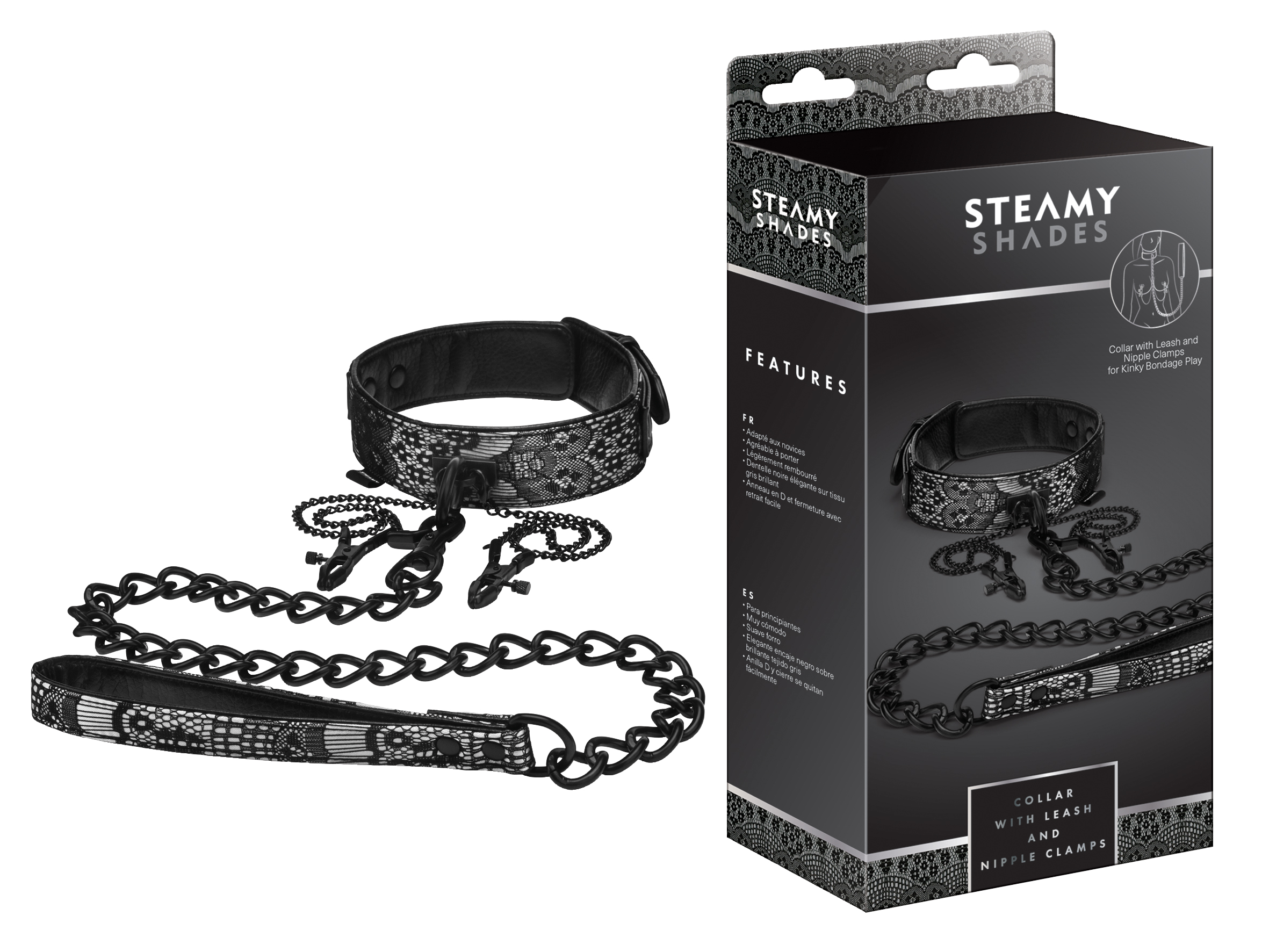 STEAMY SHADES Collar with Leash and Nipple Clamps