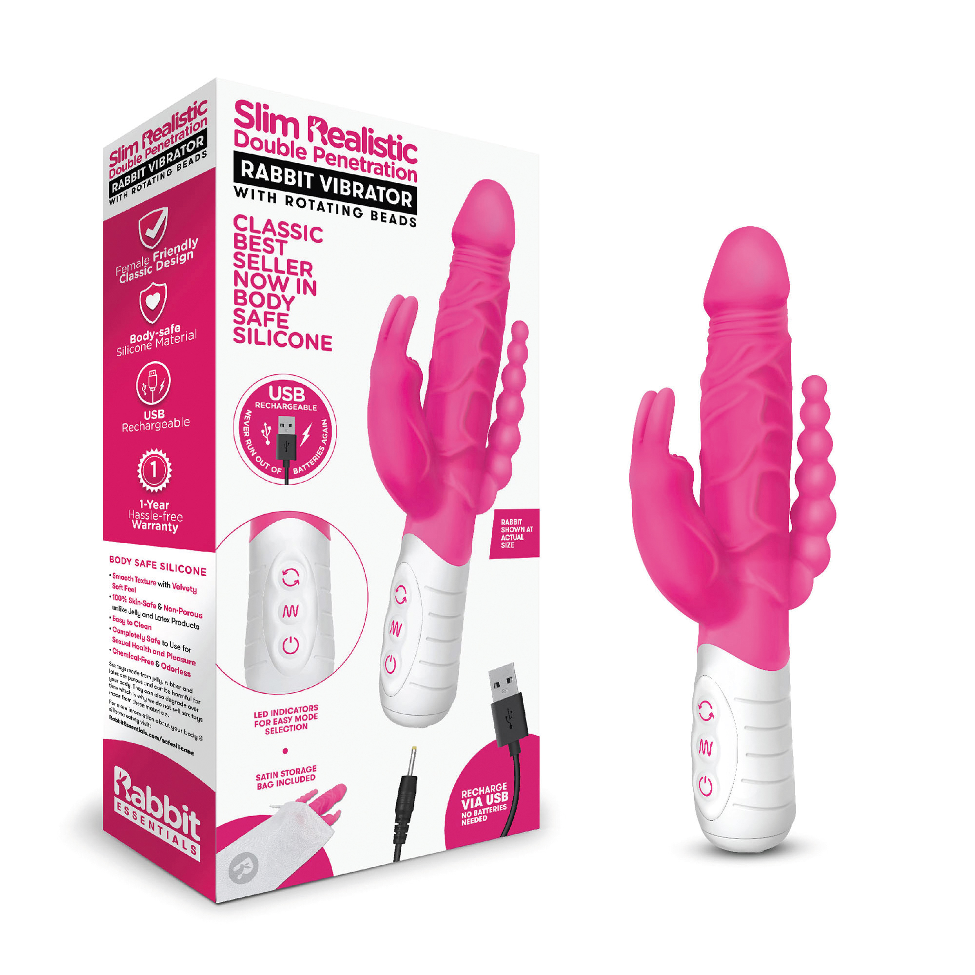 RABBIT ESSENTIALS Slim realistic double penetration pink