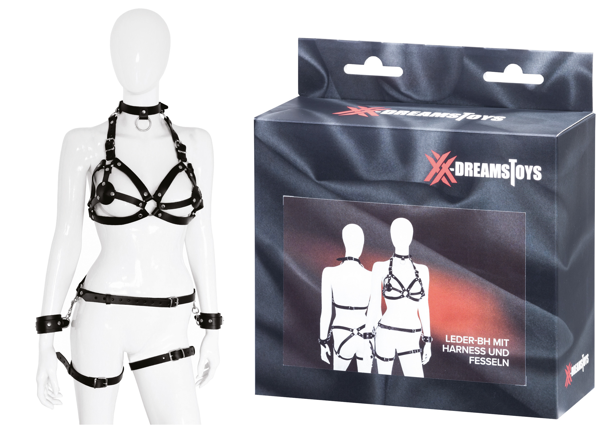 XX-DREAMSTOYS Leder-BH mit Harness und Fesseln