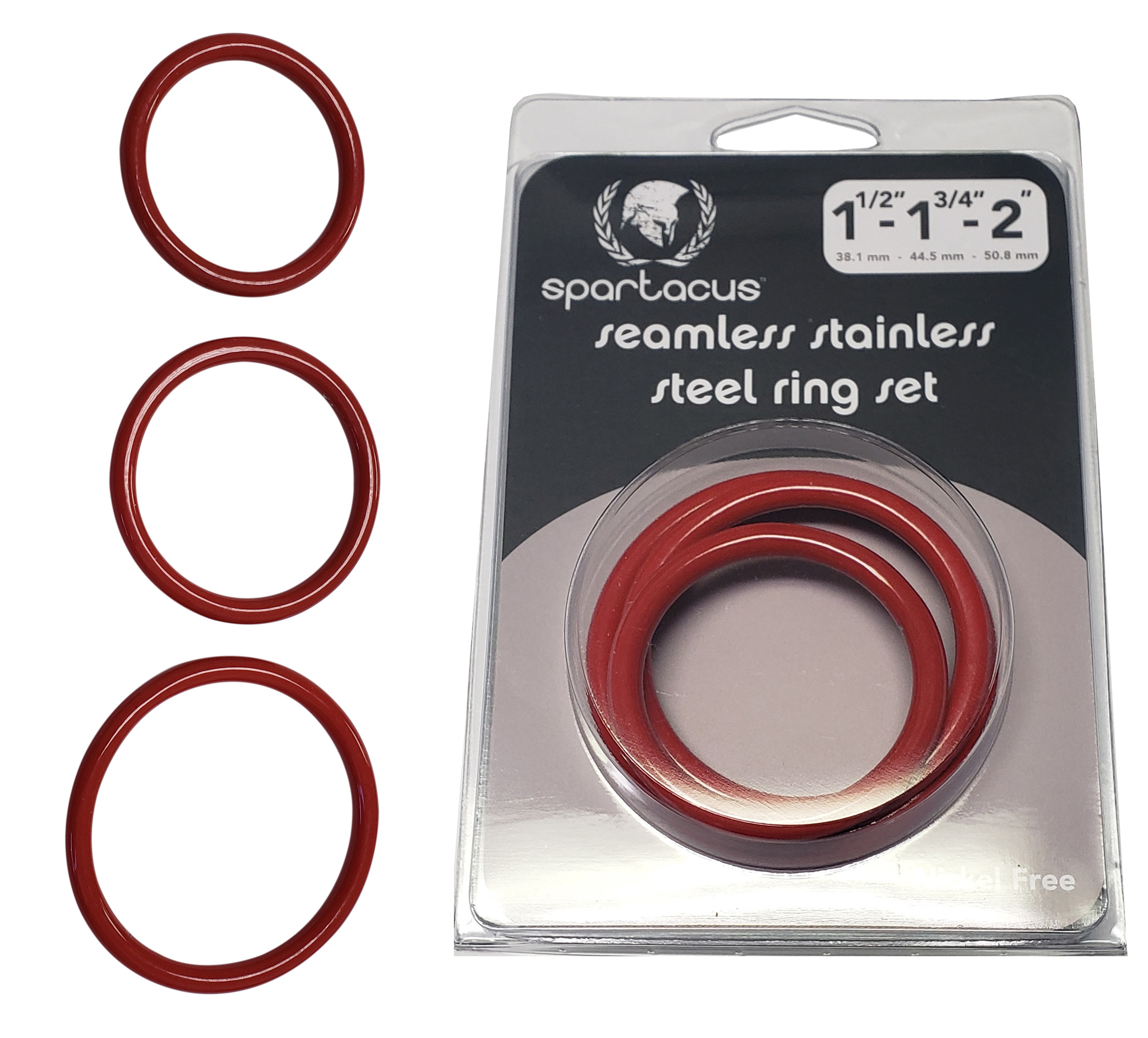 SPARTACUS Red Seamless Stainless Steel C-Ring Set-1.5", 1.75" & 2"
