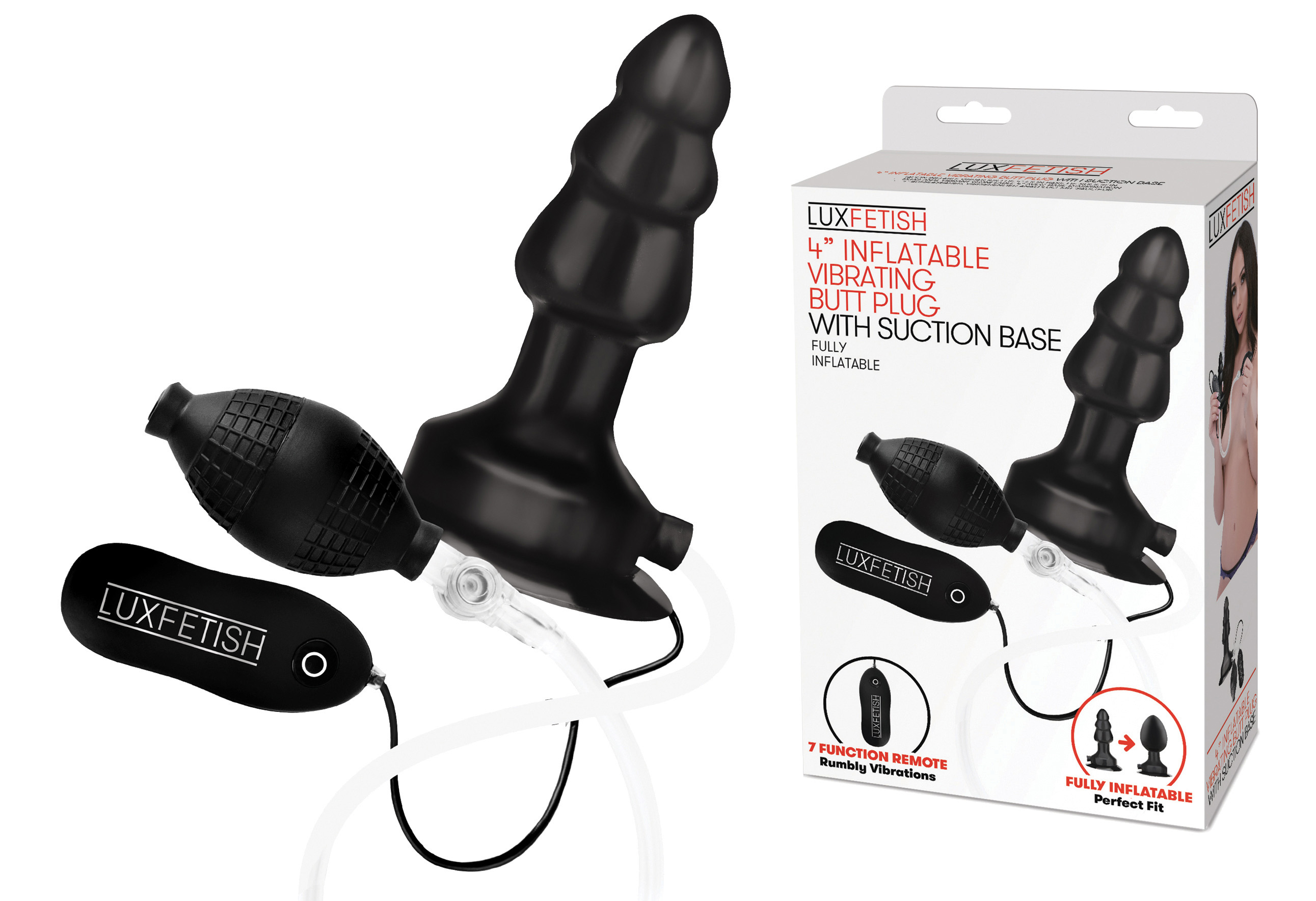 LUX FETISH 4” Inflatable Vibrating Butt Plug with Suction Base