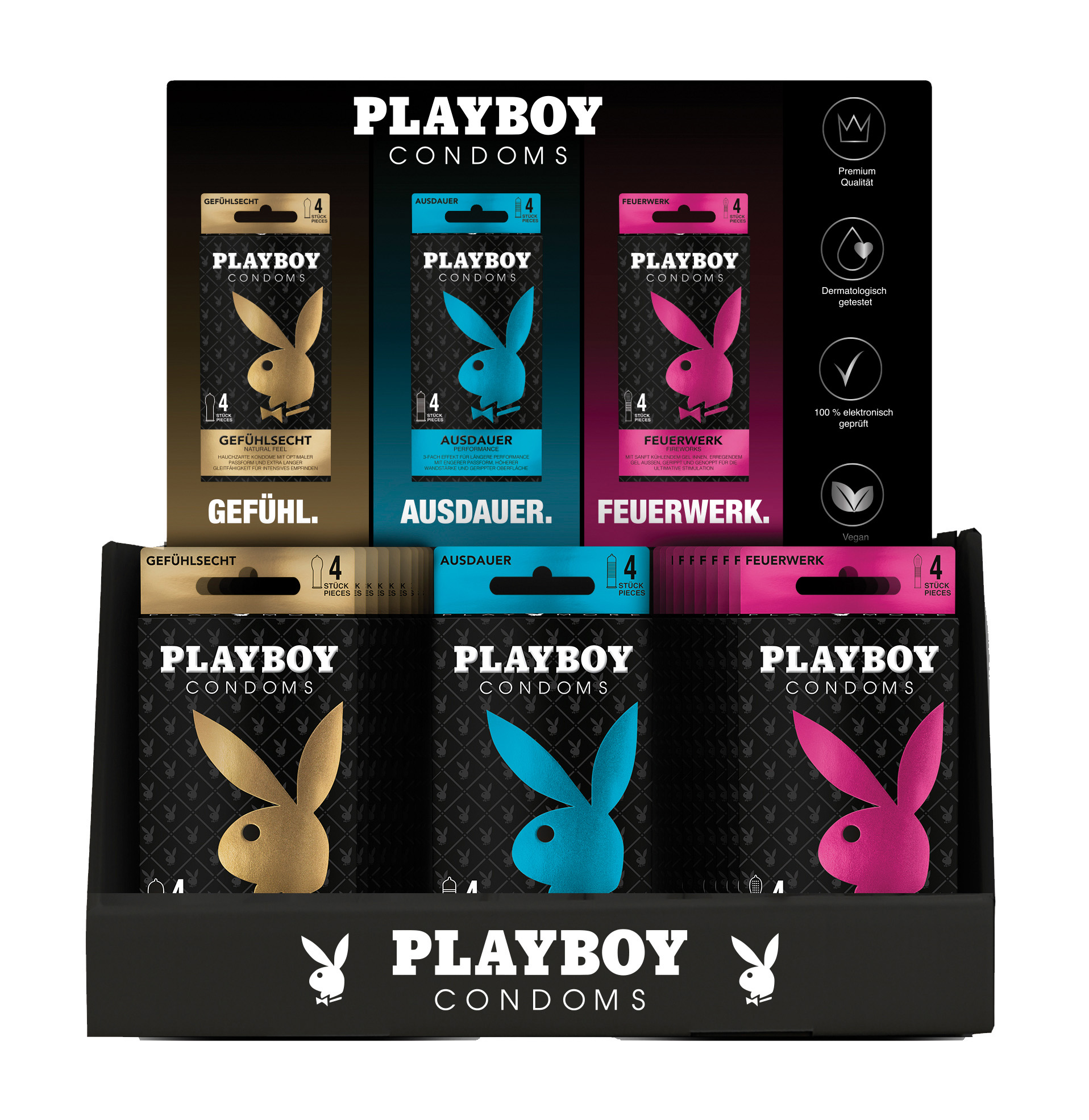PLAYBOY Condoms 4er-Pack.-Thekendisplay (30 Stk. Inhalt)
