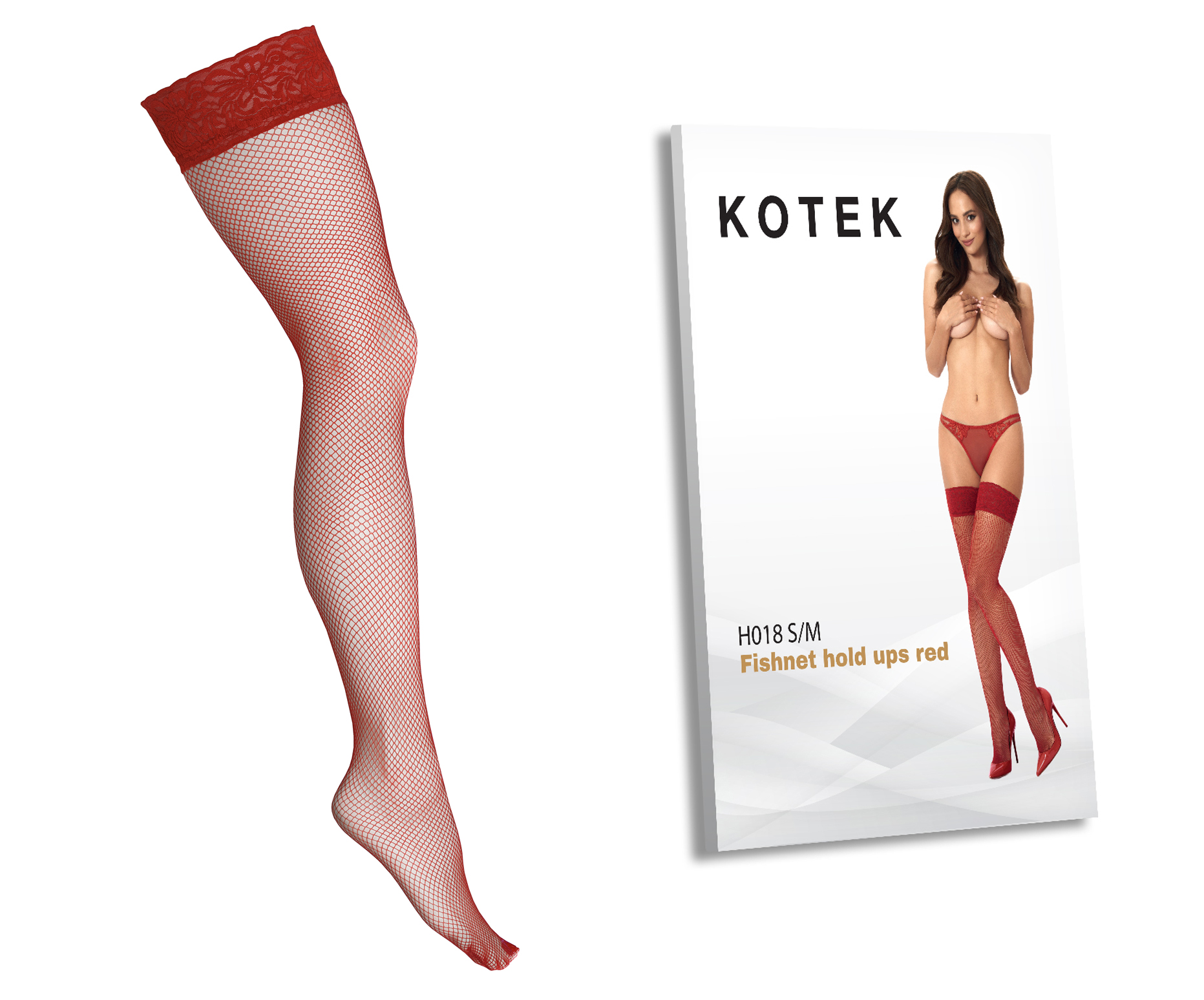 KOTEK Halterlose Strümpfe Fishnet H018 rot S/M