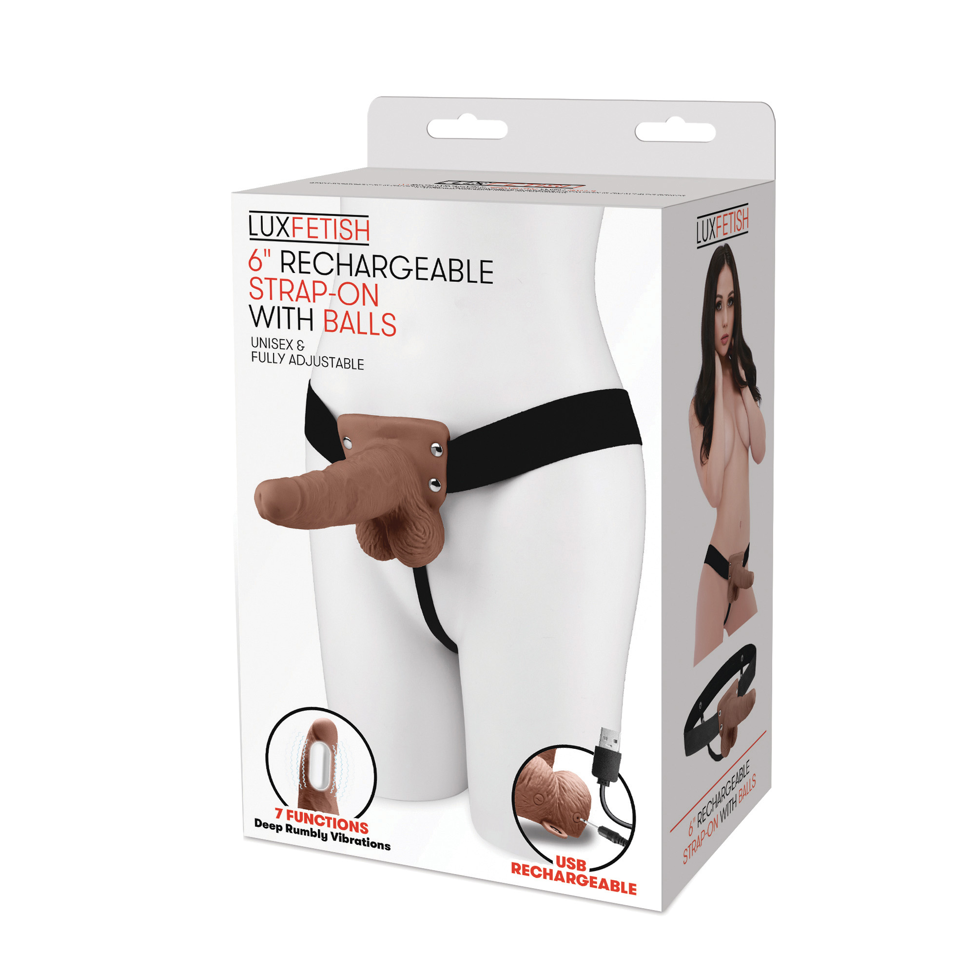 LUX FETISH 6" Rechargeable Strap-on With Balls brown