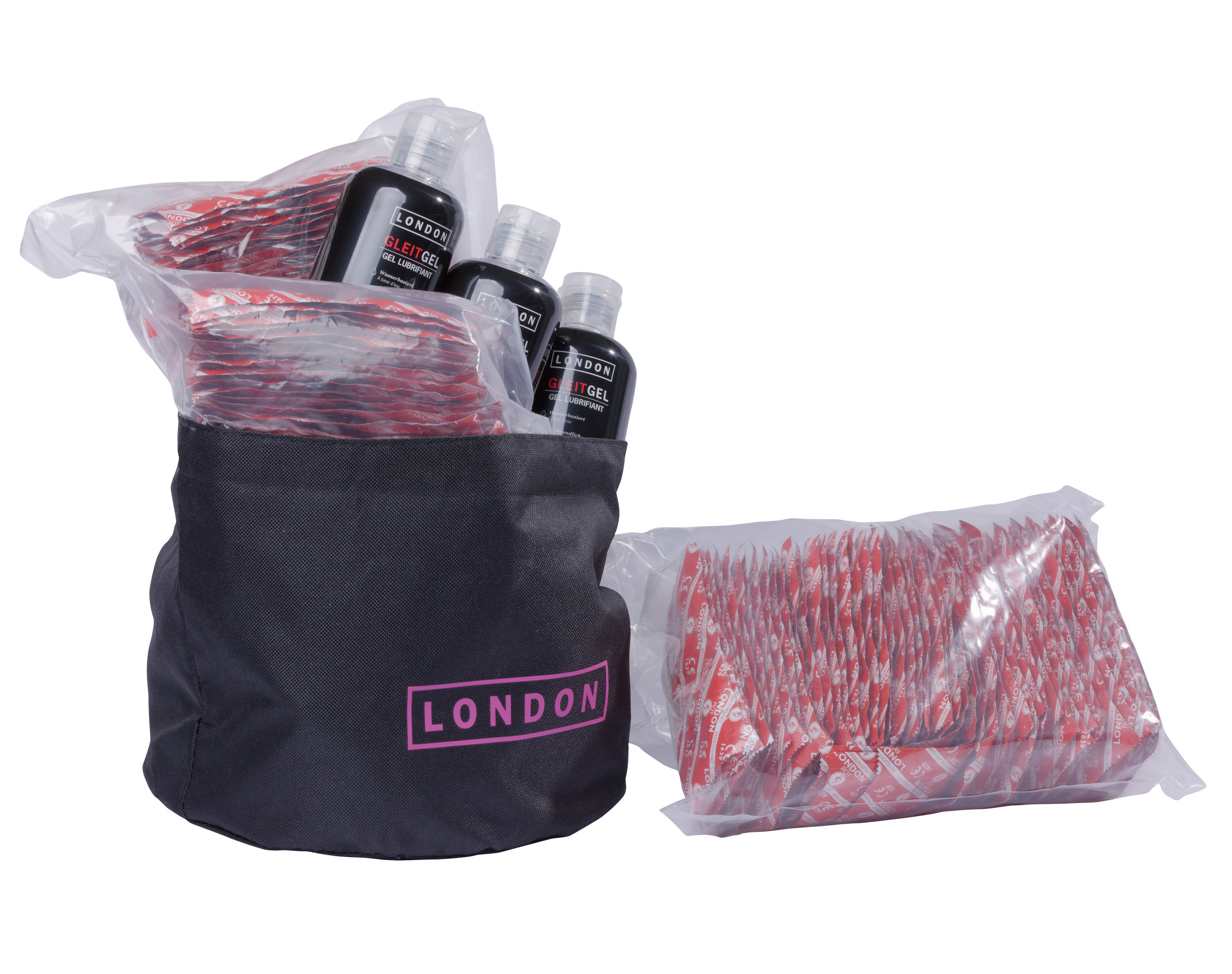 LONDON Bag mit 3 x LONDON Gleitgel u. 3 x LONDON Feucht rot 100er