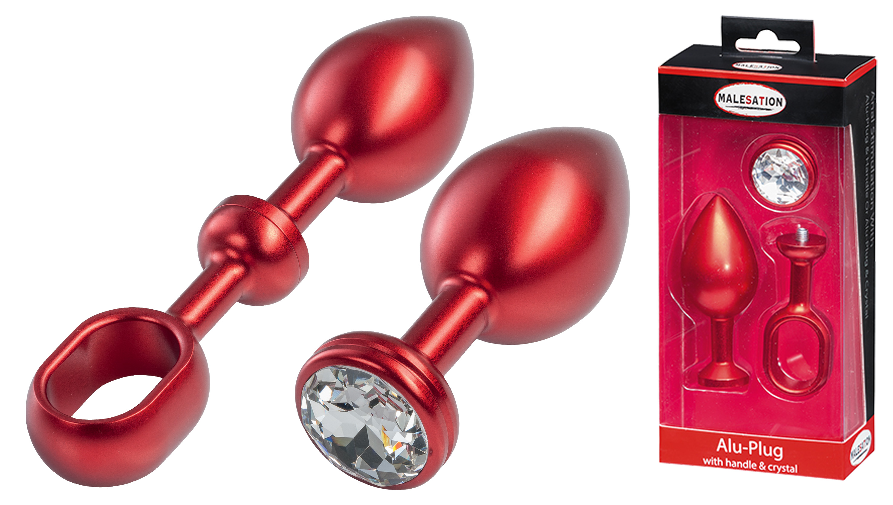 MALESATION Alu-Plug mit Stoßgriff & Schmuckstein groß, rot