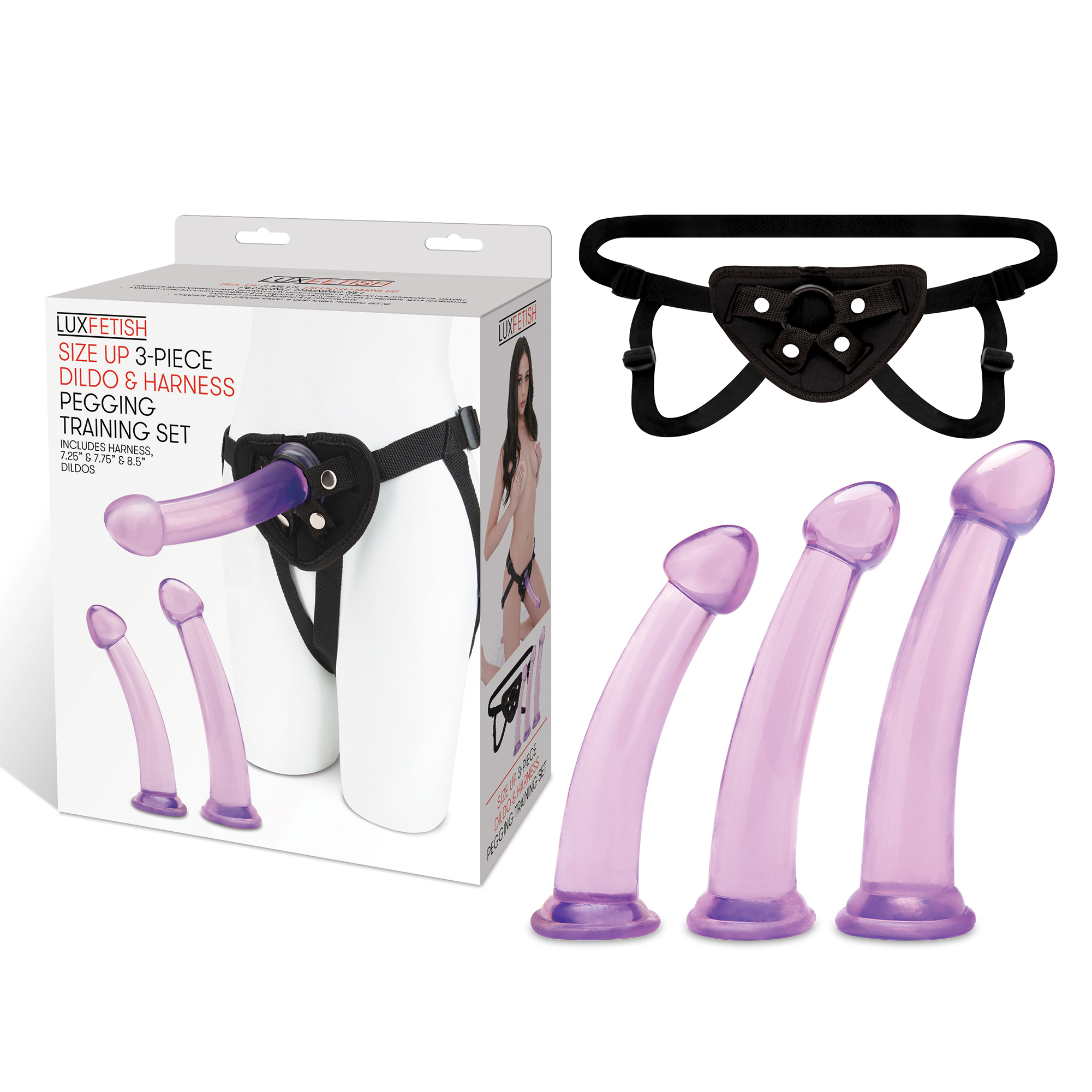LUX FETISH Size Up 3-Piece Dildo and Harness Pegging training Set