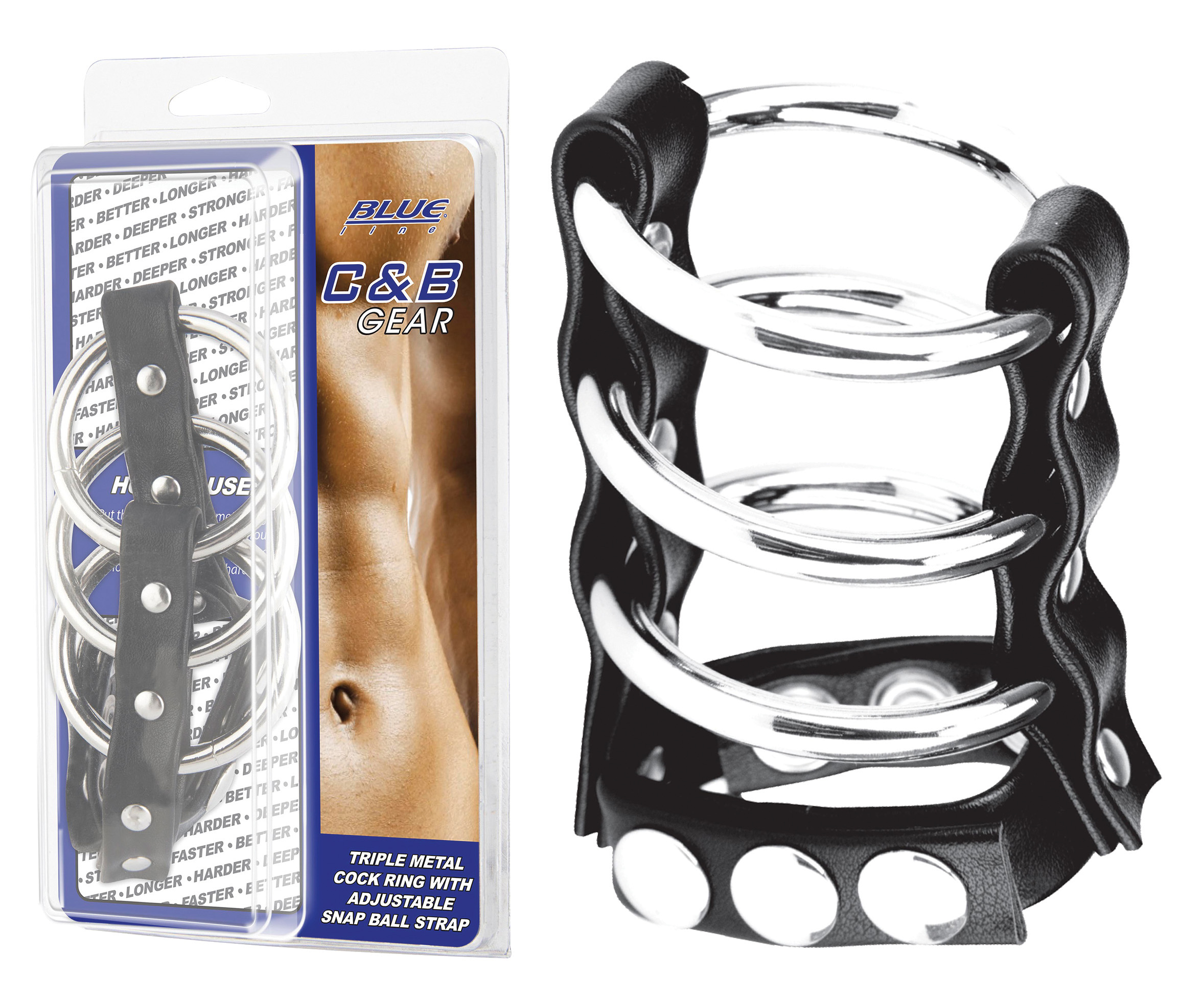BLUE LINE C&B GEAR Triple Metal Cock Ring With Adjust. Snap Ball Strap
